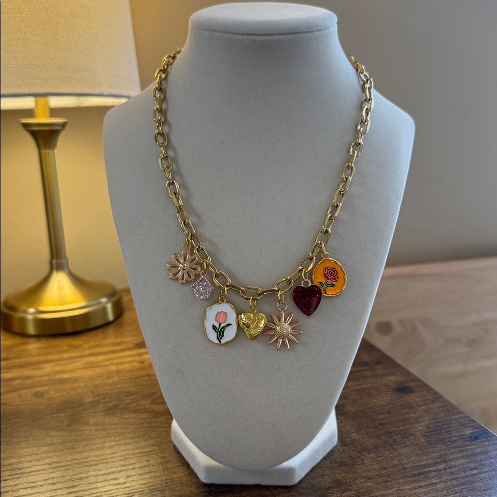 Gold Charm Necklace Floral Heart Sun Rose Statement Chain